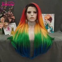 Imstyle Colorful Wig Long Synthetic Lace Front Wig Rainbow Ombre Straight Wigs For Women Heat Resistant Fiber Party Cosplay Wigs Wig  Hair Extensions