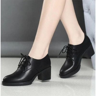99 Big SaleRaya 2022 Elegant lace-up small leather thick heel round head black work shoes new fashion single simple womens shoes