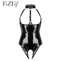 【cw】 Womens Cup Patent Leather Bodysuits Nightwear Wet Halter Neck Bare Breast Crotchless Buckle Leotard Bodysuit