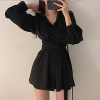 [EWQ] lantern Sleeve Loose all-match tie shirt + casual shorts two-piece summer minimalist womens clothing 2021 new 16W8540