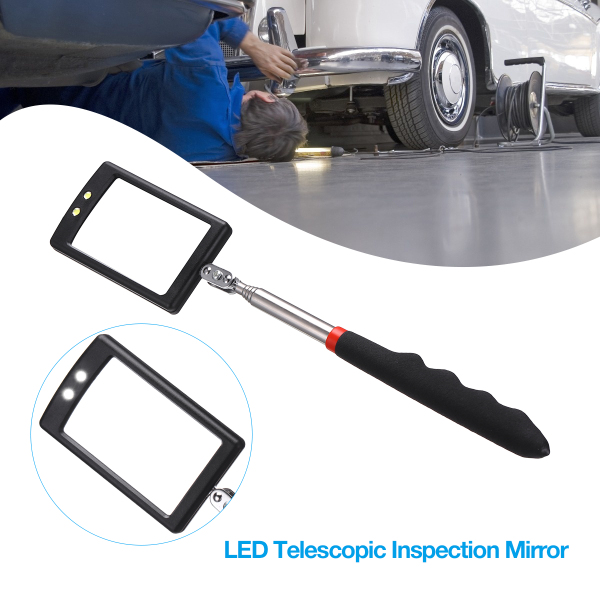 Telescoping LED Lighted Flexible Inspection Mirror 360 Swivel for Extra Viewing 