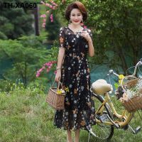 Middle-aged mothers dress beautiful mesh skirt childrens grade summer 2023 new round neck short sleeve floral