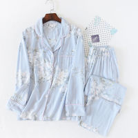 2023 Spring New Ladies Pajamas Set Floral Printed Soft Sleepwear Cotton Simple Style Women Long Sleeve+Pants 2Piece Set Homewear