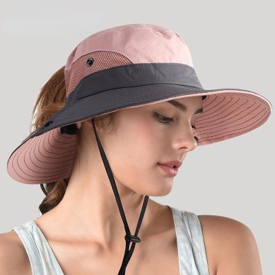 【CC】Safari Sun Hats for Women Summer Hat Wide Brim UV UPF Protection Ponytail Outdoor Fishing Hiking Hat for Female 2021