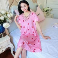 【 WYIN kitchen】 Sleep Dress for Women Summer Female Sleepwear Cute Print Long Nightgown Lace Pajama Casual Sleepshirt Elastic Lady Clothing