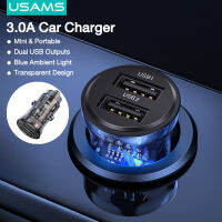 USAMS Mini ที่ชาร์จในรถ Dual USBพอร์ต Quick Car Charge 3.0A ที่ชาร์จแบตในรถ การออกแบบที่โปร่งใสด้วย Blue Ambient Light 12V-24V ชาร์จโทรศัพท์มือถือ