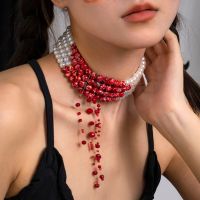 PuRui Gothic Bloody Pattern Imitation Pearl Necklace Multi layer Choker Necklace Hip Hop Halloween Jewelry Cosplay Accessories Fashion Chain Necklaces