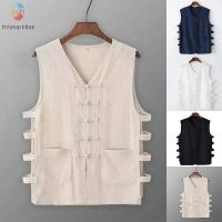 【TRSBX】Men Shirt Sleeveless Slit Top Stitch T-Shirt Blouse Tee Top Cardigan Chinese