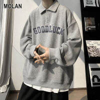 MOLAN เสื้อยืดผู้ชายโปโลสีทึบเสื้อสเวตเตอร์มีปกคอวาฟเฟิลเสื้อยืดเสื้อเชิ้ตแขนยาว