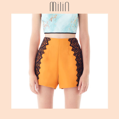 [MILIN] Front seaming with lace detail Polyester High waist shorts กางเกงขาสั้นเอวสูงแต่งลูกไม้สีดำ สีเหลือง, สีชมพู Sheng Yi Shorts