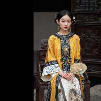 【CW】Yellow Long Qipao Original LateQing Dynasty Heavy Industry Satin Jacquard Cloak Traditional Robe R Oriental Cheongsam Summer