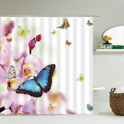 Beautiful Butterfly Flowers Shower Curtain Bathroom Screen Decoration Large 240X180 Shower Curtains Waterproof Washable Fabric