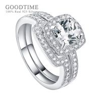 Luxury Women Ring 925 Sterling Silver Bride Wedding Ring Square Zircon Rhinestone Engagement Ring Set silver Jewelry Gift