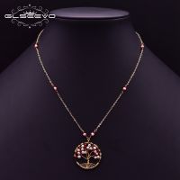 GLSEEVO Original Design Natural Pearl Red Glass Tree Pendant Boho Necklace Women Adjustable Jewelry Gifts For Best Friend GN0213