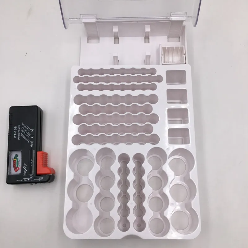 The Battery Organizer Storage Case with Hinged Clear Cover and closing  latch, includes a Removable Battery Tester, Holds 93 Batteries Various  Sizes