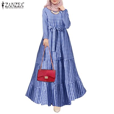 ZANZEA Women O-Neck Grid Printed Full Sleeve Muslim Loose Long Dress