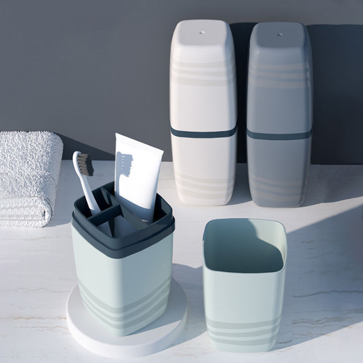 อุปกรณ์เสริมฝาครอบร้อนคู่ถ้วยแปรงสีฟันห้องน้ำกรณีเดินทางแปรงสีฟันแบบพกพาห้องน้ำแปรงฟัน