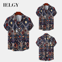 IELGY ชุดเดเสื้อเชิ้ตลายดอกผู้ชายแขนสั้นลายสี่เหลี่ยมขนมเปียกปูนลำลองสำหรับพิมพ์ลายเสื้อ