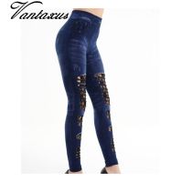 【CW】 Ladies immitation denim Pants ripped lace Floral Stretched leggings punk night bar club casual blue