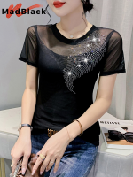 MadBlack O Necks ตาข่ายเสื้อยืดฤดูร้อนเสื้อผ้ายุโรปเซ็กซี่ผู้หญิงแขนสั้นหรูหราเงา Diamounds บางท็อปส์ T33213Z