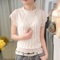 Summer Casual Solid Blouses for Women Petal Sleeve Floral Lace Tops Sweet Chiffon O-neck Short Shirts Elegant Chic New 01C