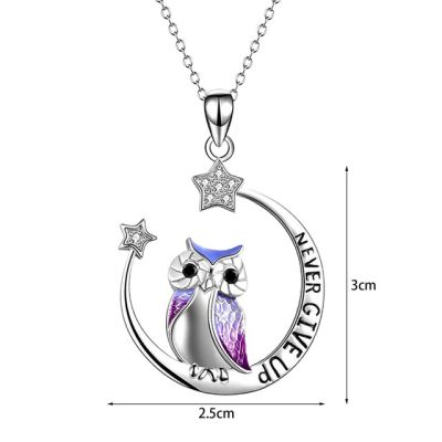 JDY6H Cute Owl Moon Ladies Necklace Letter Never Give Up Pendant Stars Zircon Exquisite Romantic Valentine Day Party Jewelry