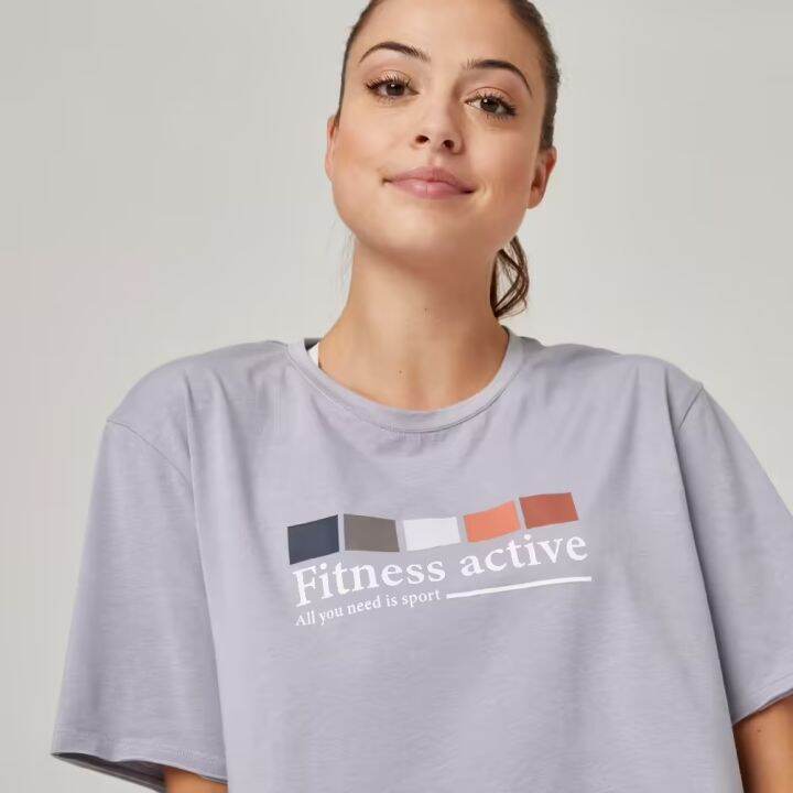 พร้อมส่ง-เสื้อยืดเอวลอย-womens-short-sleeved-straight-cut-crew-neck-cotton-fitness-cropped-t-shirt-520