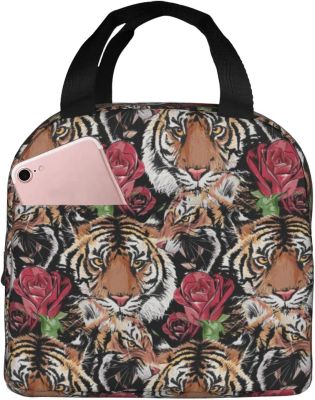 Reusable Lunch Tote Bag Tiger Face Hipster Rose Floral Insulated Lunch Bag Durable Cooler Lunch Box