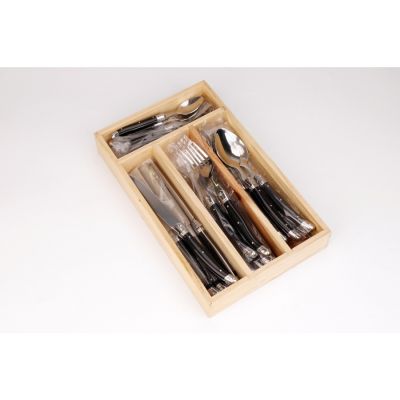 Cutlery set 24 pieces/pack with thick wooden box, stainless steel. - black