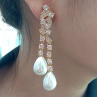 Teardrop White Sea Sell Pearl Cz pave Yellow Gold color Plated Stud Earrings