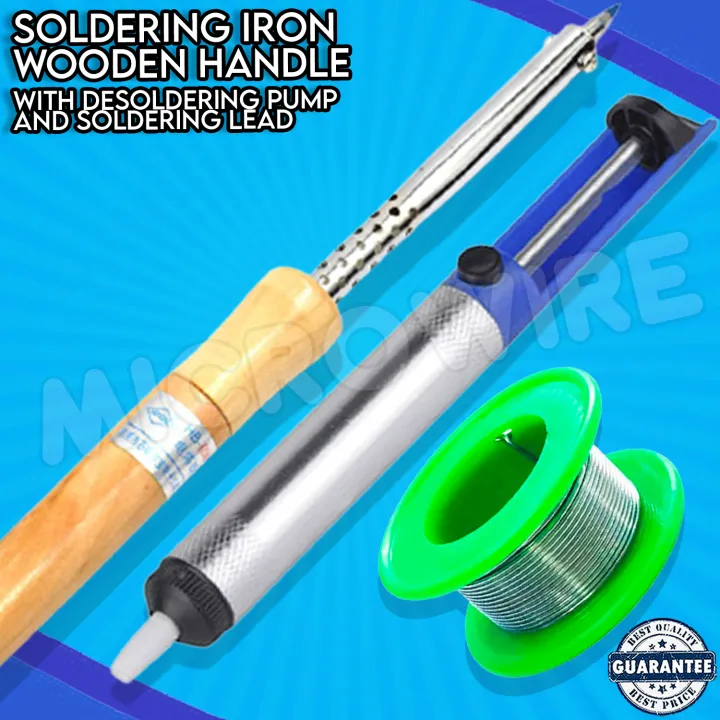 Soldering Iron Wooden Handle Set With Desoldering Pump & Soldering Lead