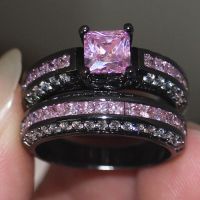 {Xixi เครื่องประดับ} ชุดแหวนเพชรสีชมพูวินเทจ10KT แหวนแหวนแต่งงานแหวนหมั้นสีดำทองสำหรับผู้หญิงเซ็ทสำหรับเจ้าสาวเครื่องประดับงานปาร์ตี้ตามสัญญา