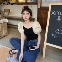 Laz Nigori เสื้อยืดผู้หญิง,ใหม่เสื้อคอปกสี่เหลี่ยมเย็บแขนพองเข้ารูปพอดีสีทึบ Cewek Seksi