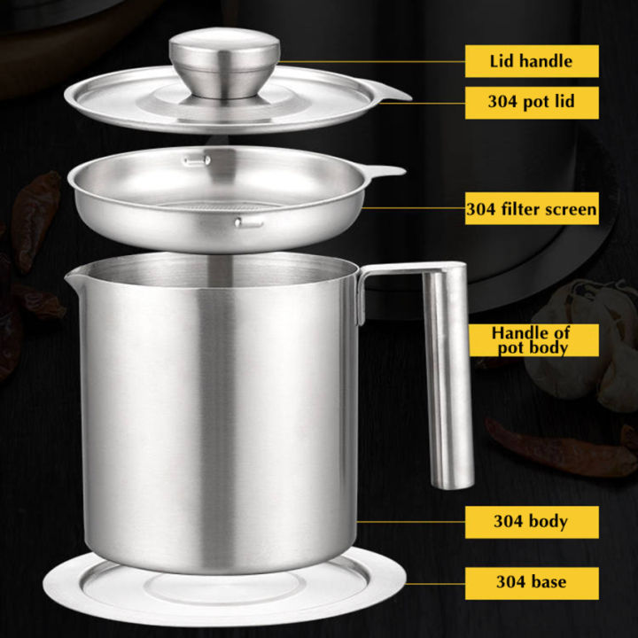304 Stainless Steel Grease Strainer and Container - 1.2 Storage Pot Grease  Keeper - with Dust-Proof Lid & Easy Grip Handle - for Bacon Fat, Kitchen