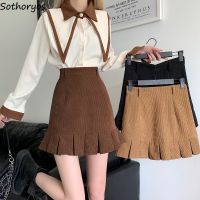 {Summer skirt} ผ้าลูกฟูกกระโปรงสตรีกระโปรงมินิสเกิร์ตอัดพลีทสำหรับผู้หญิง-ฤดูใบไม้ร่วง