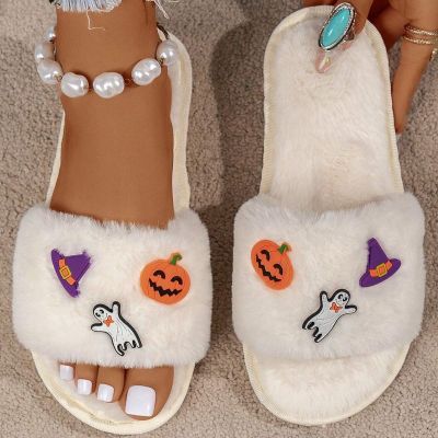 Halloween Decor DIY Design Women Home Slippers Solid Color Open Toe Indoor Winter Flat Non-slip Leisure Interior Female Shoe