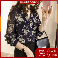 Ruidiandian เสื้อเสื้อชีฟองลายดอกไม้ M-3XL สไตล์เกาหลีของผู้หญิงแขนยาวลำลองมีกระดุมปกเสื้อหลวมวินเทจ