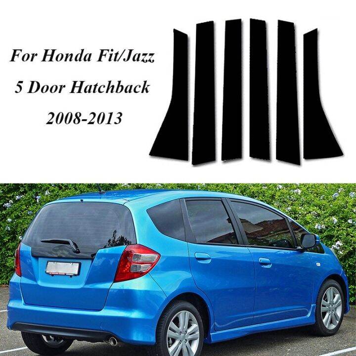 6ชิ้น-ชุดสำหรับฮอนด้าฟิต-jazz-hatchback-5ประตู2008-2009-2010-2012-2013ประตูโพสต์เสาหน้าต่างประตูมีดแต่งขอบฝาครอบสติ๊กเกอร์ติดผนัง