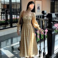 Autumn French retro dress lace hanging neck dress long-sleeved off-the-shoulder leads to collect waist broken flower skirt