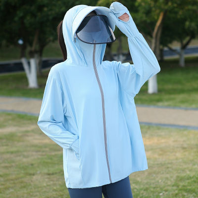 เสื้อโค้ทกันแดดผ้าไหมน้ำแข็งสำหรับผู้หญิงเสื้อคลุมมีฮู้ดระบายอากาศได้ดีแห้งเร็วบางการป้องกัน UV ในช่วงฤดูร้อน