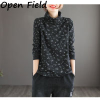 เสื้อยืดสตรีแขนยาว Openfield เสื้อเสื้อลำลองชุดไซส์ใหญ่ย้อนยุคเสื้อเชิ้ตลายพิมพ์หลวม