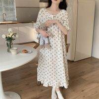 【 WYIN kitchen】 Soft Floral Summer Loose Print Flowers Short Sleeve NightDress Women Korean Princess sleeve Kawaii Elegant Casual Comfortable