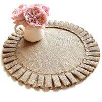 【CW】 1Pc Burlap Round Placemats for Table 15 inch Mats Ruffle Trim Design