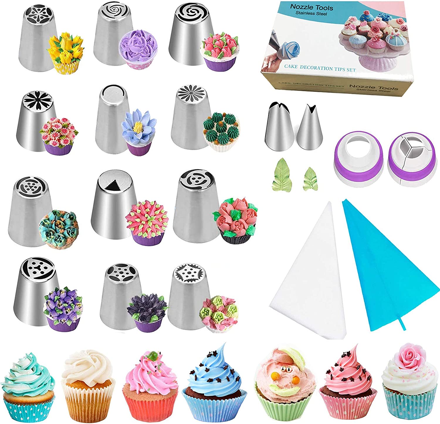 13pcs/Set Cake Decorating Equipment Icing Decoration Kit Russian Piping Nozzles Silicone Pastry Bags Tool Piping Cream Stainless Steel Nozzles Decorator Pastry Cream Making Set for Dessert Cupcakes 