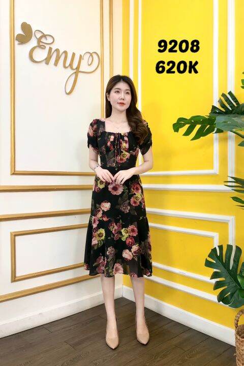 Đầm EMY EM9208 Xòe Hoa Cổ Vuông | Lazada.vn