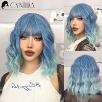 Cynthia Blue Ombre Short Bob Synthetic Wigs For Women With Bangs Body Wave Cosplay Lolita Wig White Natural Heat Resistant Hair2023