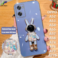 JieFie เคสโทรศัพท์ตัวชุบโลหะหรูหราสำหรับ OPPO A57 / A54 / A52 / A53 / A55 / A58 / A74 / A76 / A77 / A77S เคสนักอวกาศของเล่นกระต่ายน่ารักฝาครอบโทรศัพท์ TPU นิ่มสี่เหลี่ยม + ขาตั้ง