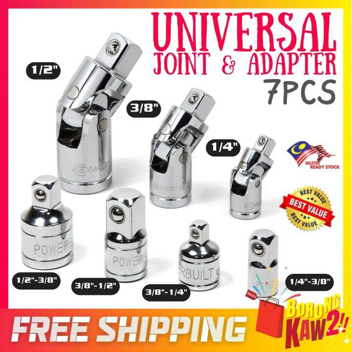 7 PIECES Universal Joint Adapter Set 1/4" 3/8" 1/2" Chrome Swivel
