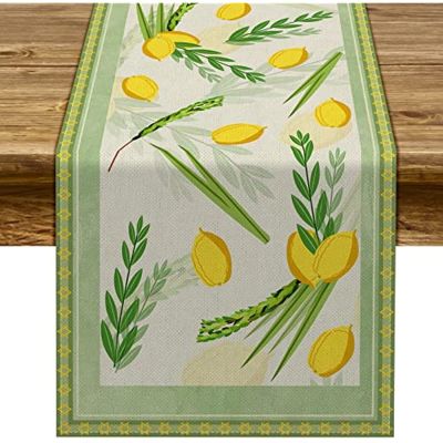 【LZ】☎  Linen Sukkot Table Runner Jewish Sukkah Table Decoration Star of David Etrog Lulav Kitchen Dining Room Party Decoration