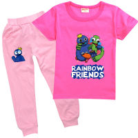 Rainbow Friends Ro Bloxs ผ้าฝ้ายเด็กผู้หญิงและผู้ชาย,เสื้อยืดการ์ตูนแขนสั้น + กางเกงจ็อกกิ้งแฟชั่นชุดกีฬาลำลอง0000